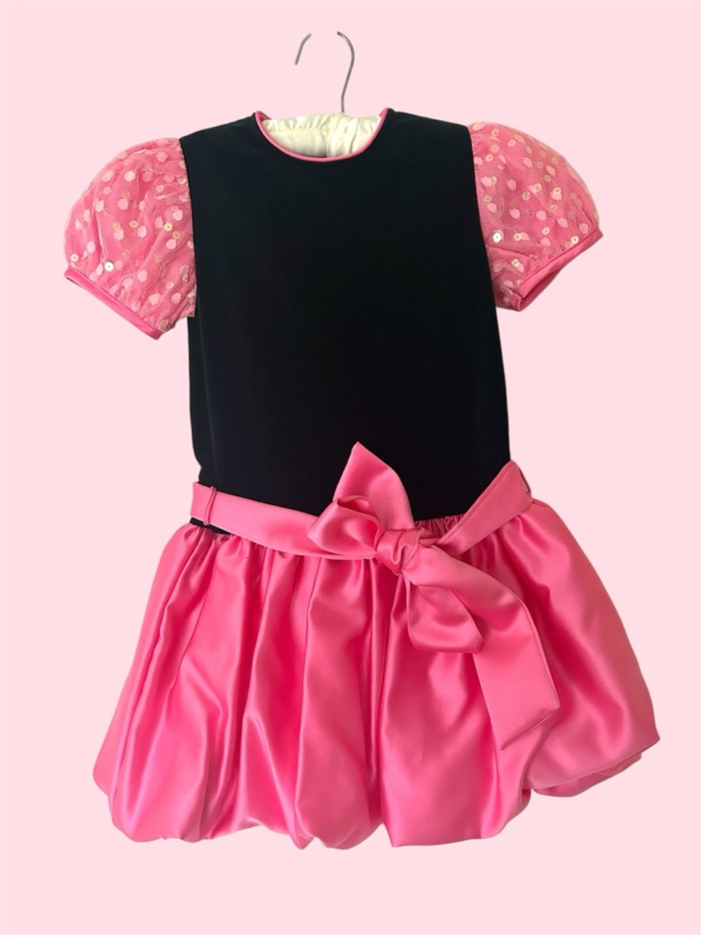 Vintage Girls 6X Black Velvet Party Dress Pink Satin Skirt Sequin Sleeves